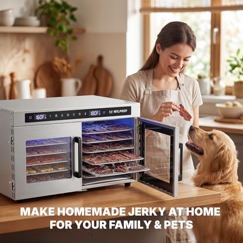 WILPREP Dual-Zone Food Dehydrator for Jerky, 12-Tray, 13 sq ft Food Dryer with Independent Control & 86–185°F Temp Range, Stainless Steel Dehydrator for Homemade Jerky Fruit Herbs Snacks