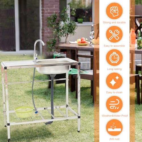 Tandefio Freestanding Outdoor Kitchen Utility Sink Set Stainless Steel Single Bowl Sink Portable Commercial Utility for Restaurant Cafe Bar Hotel Garage Laundry Room(Single Layer)