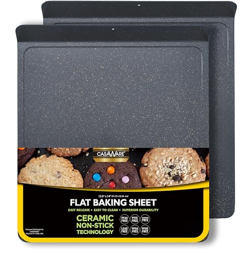 casaWare 2pc Large Flat Baking Cookie Sheet, 12.5 x 14-inch with a 1.5-inch Handle, Ceramic Non-Stick Coating (Silver Granite)