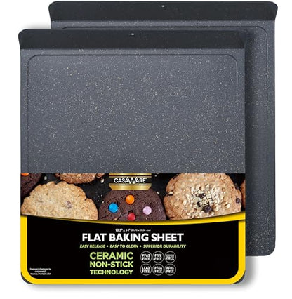 casaWare 2pc Large Flat Baking Cookie Sheet, 12.5 x 14-inch with a 1.5-inch Handle, Ceramic Non-Stick Coating (Silver Granite)