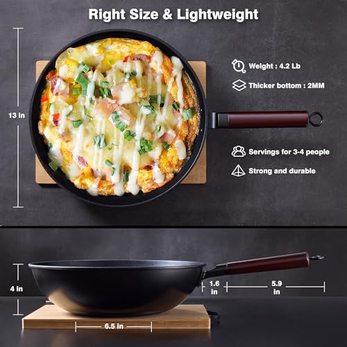Teewe Carbon Steel Wok -13 Inch Woks & Stir-fry Pans Nonstick, Wok Pan with Lid Spatula and Dish Brush: Pre-Seasoned Flat Bottom Chinese Woks for Induction, Electric, Gas, All Stoves