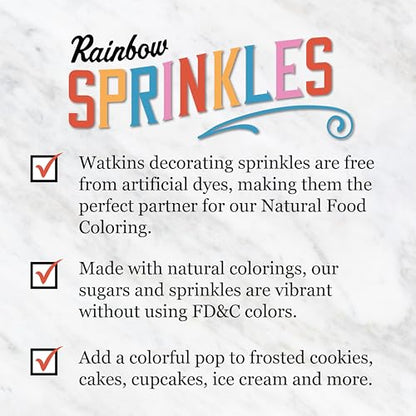 Watkins Rainbow Decorating Sprinkles, No Artificial Dyes, Kosher, 3.4 Ounce Jar, 1-Pack