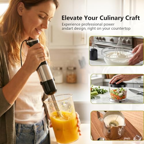 Immersion Blender Handheld, 5 in 1 Hand Mixer Electric Handheld for Kitchen, Corded Stick Hand Emulsion Blender with Chopper Beaker Whisk and Milk Frother for Baby Food, Smoothie, Puree, Soup, Sauces