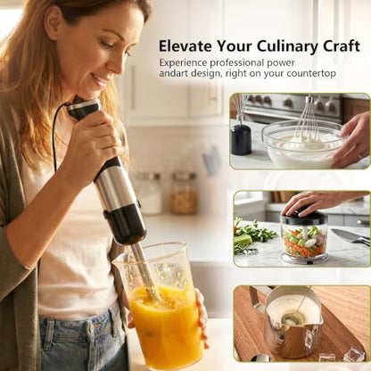 Immersion Blender Handheld, 5 in 1 Hand Mixer Electric Handheld for Kitchen, Corded Stick Hand Emulsion Blender with Chopper Beaker Whisk and Milk Frother for Baby Food, Smoothie, Puree, Soup, Sauces