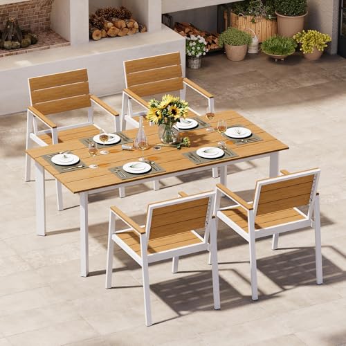 Oasbira Outdoor Dining Set for 4, Patio Table and Chairs Set with Umbrella Hole, 5 Pieces HDPS + Aluminum Outdoor Furniture Sets for Patio, Garden (White & Teak)