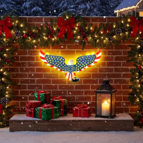 23" American Eagle Metal Wall Art with Solar Lights Outdoor - 4th of July Decorations Outdoor | Led-lit Patriotic Sculpture with American Flag | Solar Powered Independence Day Decor for Yard & Porch