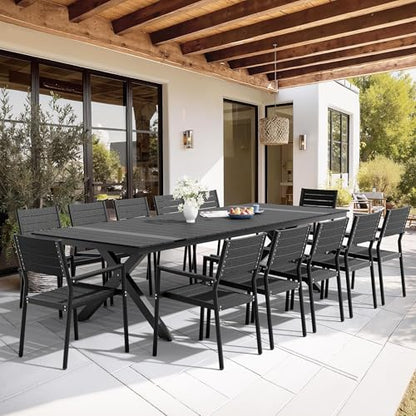 Pellebant 13 Piece Patio Table and Chairs Set for 12, Aluminum Outdoor Dining Set with Umbrella Hole, Stackable Dining Chair & 118" Dining Table, Black