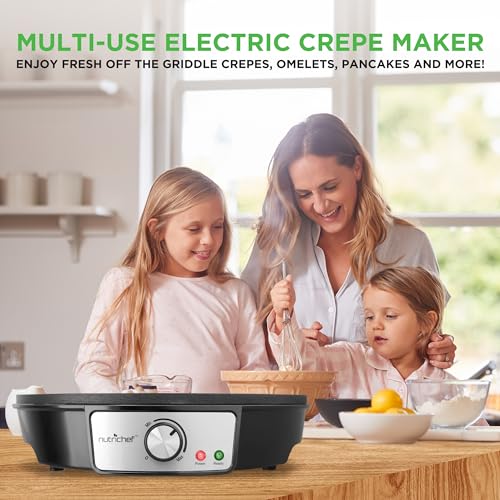 Nutrichef Electric Crepe Maker Pan & Griddle - 12 Inch Nonstick Cooktop, LED Indicators & Adjustable Temperature Control, Includes Spatula, Batter Spreader, Cooks Crepes, Roti & Pancakes