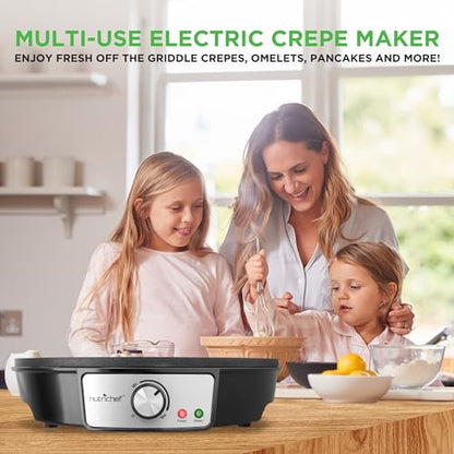 Nutrichef Electric Crepe Maker Pan & Griddle - 12 Inch Nonstick Cooktop, LED Indicators & Adjustable Temperature Control, Includes Spatula, Batter Spreader, Cooks Crepes, Roti & Pancakes