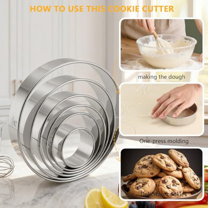 CUTENJOY 6 PCS Round Cookie Cutters (2, 3, 3.5, 4, 5, 6 Inch), Stainless Steel Biscuit Cutters For Baking, Large Circle Cookie Cutter for Baking, Pastry, Donuts, Fondant, Sandwich