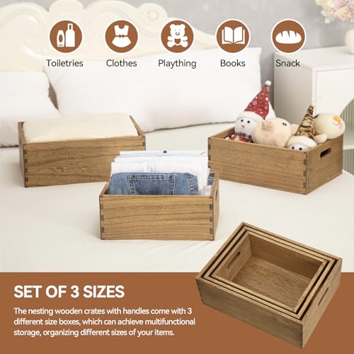 KIRIGEN Nesting Wooden Crates with Portable Handles for Home Organizer - Wood Rustic Decor Farmhouse Boxes / Basket Rolling Trays set of 3 Dark Brown
