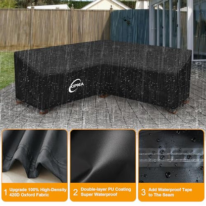 Kipiea Patio V-Shaped Sectional Sofa Cover, 420D Heavy-Duty Oxford Fabric Outdoor Sectional Cover with 6 Windproof Buckles, Anti UV and No Tears, No Fading (85"/85" L x 33.5" D x 31" H) Black