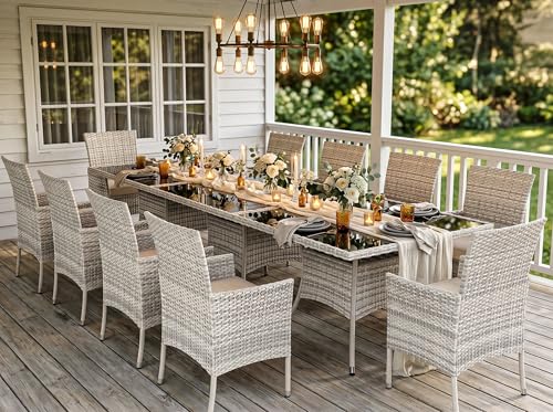 Sweecci Outdoor Dining Set, 15-Piece Patio Furniture Set with Tempered Glass Table and 12 Cushioned Chairs, Dual-Strand Wicker Rattan, Balcony Furniture for Backyard, Garden, Deck,– Beige