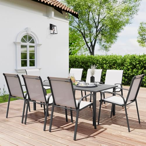 HAPPATIO Outdoor Patio Dining Set, 8 Quick Dry Textilene Dining Chairs and Dining Table with Umbrella Hole, Stackable Textilene Chairs for Garden, Patio and Poolside Backyard, Light Grey