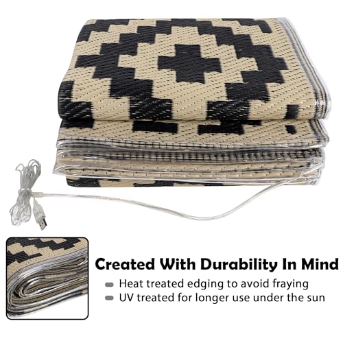 SAND MINE Reversible Mats with Led Strip Lights, Plastic Straw Rug, Modern Area Rug, Large Floor Mat for Outdoors, Patio, Backyard, Deck, Picnic, Camping, Black & Beige, 5' x 8'