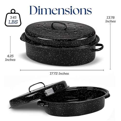 Alpine Cuisine Enamel Oval Roaster | Carbon Steel Oval Roasting Pan 18x14-Inch | Non-Stick Marble Coating with Lid | Oven & Dishwasher Safe | Even Heat Distribution | Ideal for Large & Small Servings