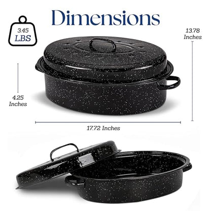 Alpine Cuisine Enamel Oval Roaster | Carbon Steel Oval Roasting Pan 18x14-Inch | Non-Stick Marble Coating with Lid | Oven & Dishwasher Safe | Even Heat Distribution | Ideal for Large & Small Servings