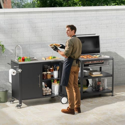 ahomrt Outdoor Grill Table with Sink, Grill Cart with 304 Stainless Steel Sink and Cabinet, Outdoor Grill Cart,Outdoor Cart Sink Station with Wheels, 38in x 18in x 35in