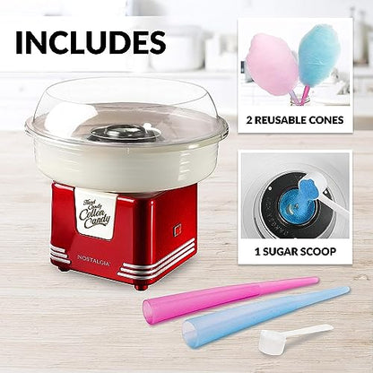 Nostalgia Cotton Candy Machine - Retro Cotton Candy Machine for Kids with 2 Reusable Cones, 1 Sugar Scoop, and 1 Extractor Head – Retro Red