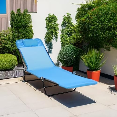 Outsunny Folding Chaise Lounge Chair, Pool Sun Tanning Chair, Outdoor Lounge Chair with Reclining Back, Breathable Mesh Seat, Headrest for Beach, Yard, Patio, Blue