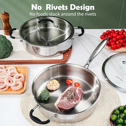 SLOTTET Tri-Ply Stainless Steel Saute Pan with Lid, 5 Quart Deep Sauté Pan with Stay Cool Handle,11.5 Inch Frying Pan,Dishwasher and Oven Safe,Induction Stainless Steel Cookware