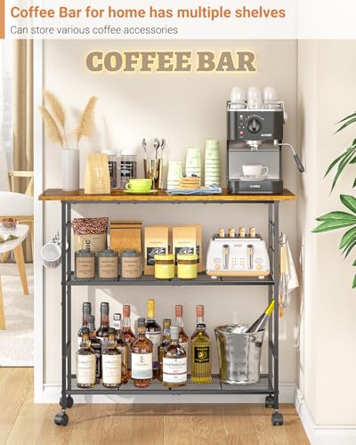 Kitchen Island with 3 Shelves, Rolling Kitchen Cart with 6 Hooks and Protective Shelf, Microwave Stand on Lockable Wheels, Bakers Rack Coffee Bar for Dining, Living Room, Outdoor, Metal Frame