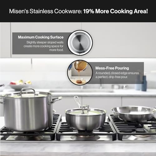 Misen 5-Ply Stainless Steel Cookware Set - Versatile, Dishwasher Safe - 5-Piece Set - 10" Skillet, 3 QT Saute Pan + Lid, 3 QT Saucier + Lid