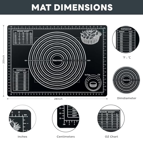 Nauvora Extra Large Baking Mat - 28" Silicone Pastry Mat, Reusable Non-Stick Dough Mat with Measurement for Fondant, Rolling Dough, Pie Crust, Pizza and Cookies, Black