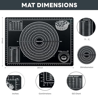 Nauvora Extra Large Baking Mat - 28" Silicone Pastry Mat, Reusable Non-Stick Dough Mat with Measurement for Fondant, Rolling Dough, Pie Crust, Pizza and Cookies, Black