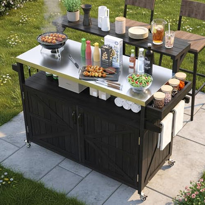 Merax 53.3" Outdoor Kitchen Island with Raised Shelf, Solid Wood Storage Cabinet with Stainless Steel Top, Rolling Grill Cart, Adjustable Shelf, Brown