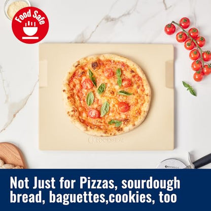 ROCKSHEAT Pizza Stone for Oven and Grill, 15x12 Inch Cordierite Baking Stone with 4 Built-in Handles, 7.4lbs Heavy Duty Thermal Shock Resistant for Crispy Crust Pizza Bread Cookies BBQ