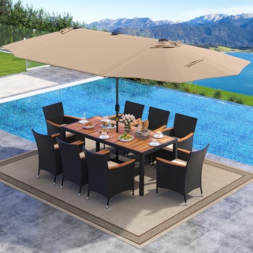 Tangkula 11 Pieces Patio Dining Set with Double-Sided Led Patio Umbrella (Base Included), with 8 Stackable Chairs, Acacia Wood Dining Table and Large Umbrella with Solar Lights (Coffee + Off White)