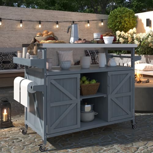 Trygoal Outdoor Grill Cart with Storage, Rolling Bar Cart and Lockable Wheels, Farmhouse Solid Wood Outdoor Grill Table with Stainless Steel Top, Spice Rack, Towel Rack for Kitchen and BBQ, Grey Blue