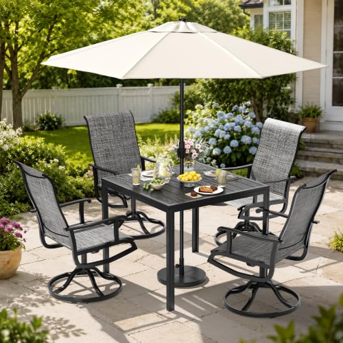 Pamapic 5-Piece Outdoor Dining Set, All Weather Patio Table and Chairs Set with Umbrella Hole, Wood-Like Metal Table and 4 360° Swivel Textilene Chairs for Backyard, Poolside, Deck, Porch, Grey