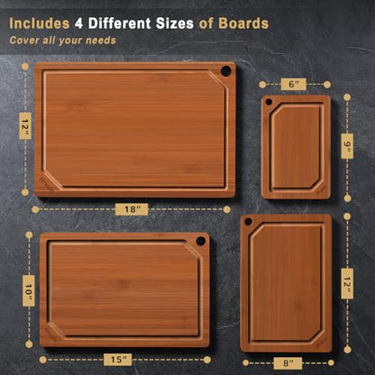 Hiware 4 Pieces Extra Large Wooden Cutting Boards Set- Bamboo Cutting Boards for Kitchen Meal Prep & Serving, Cutting Board with Deep Juice Groove & Built-in Handles, Charcuterie & Chopping Board