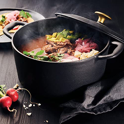 Tramontina Bestow Enameled Cast Iron Dutch Oven Pot with Lid, Round 5.5-quart, Matte Black with Gold Knob