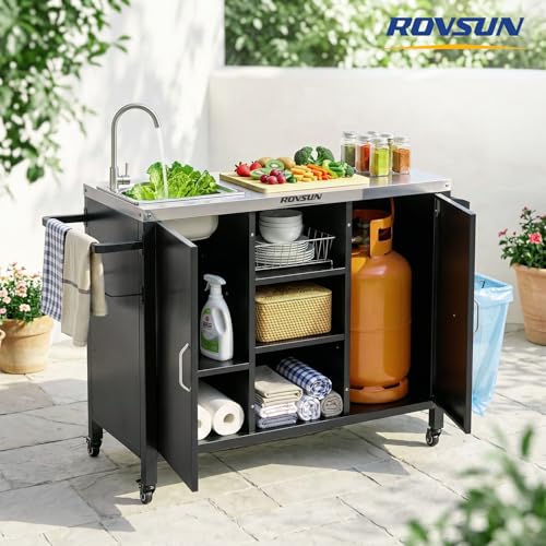 ROVSUN Outdoor Grill Cart with Sink, 304 Stainless Steel Sink with Gas Storage Area, Rolling Kitchen Prep Table with Cabinet, Paper Rack, Rubbish Rack, for Backyard Cooking, Gardens, Patio