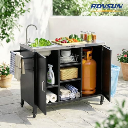 ROVSUN Outdoor Grill Cart with Sink, 304 Stainless Steel Sink with Gas Storage Area, Rolling Kitchen Prep Table with Cabinet, Paper Rack, Rubbish Rack, for Backyard Cooking, Gardens, Patio