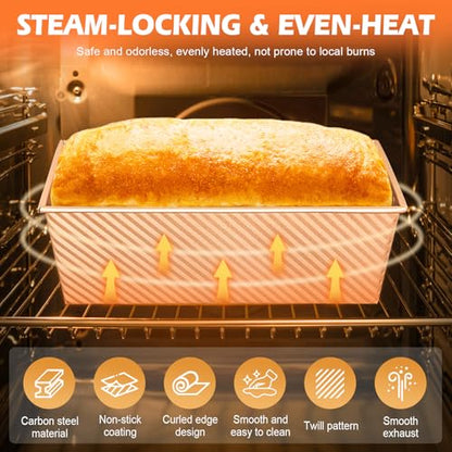 Dipanist 2Pack Pullman Loaf Pans with Lids – 2.2 LB & 1 LB Dough Capacity, Non-Stick Carbon Steel Bread Pans for Homemade Sandwich and Sourdough Bread, Corrugated Toast Mold