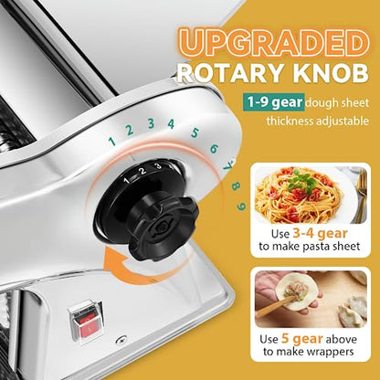 Newhai Electric Pasta Maker Family Noodle Making Machine Dough Roller 2.5mm Spaghetti 4mm Wide Noodle 9mm Fettuccine Cutter 110V US Stainless Steel for Home Use