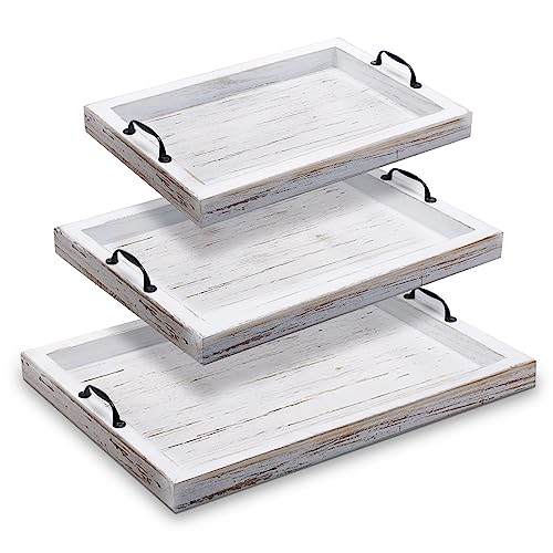 Didaey 3 Pieces Rustic Wooden Serving Trays with Handles Farmhouse Food Serving Trays Vintage Wooden Food Trays Platters Nesting Decorative Trays for Coffee Table Party Kitchen Decoration