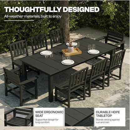 Patio Kingdom 9-Piece Outdoor Dining Set for 8, 75.2" HDPE Table with Umbrella Hole & 8 Chairs, All-Weather Patio Furniture for Lawn, Yard, Deck, or Poolside, Fade & Crack Resistant (Black)