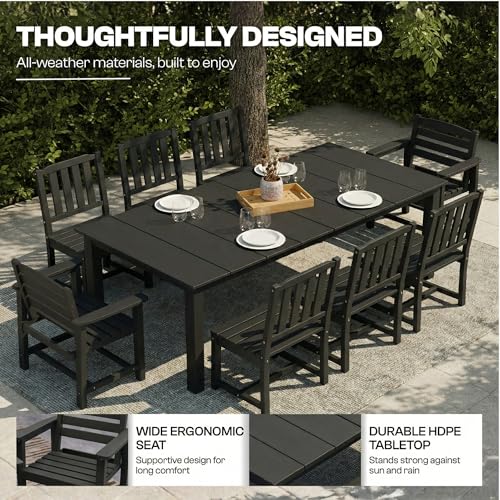 Patio Kingdom 9-Piece Outdoor Dining Set for 8, 75.2" HDPE Table with Umbrella Hole & 8 Chairs, All-Weather Patio Furniture for Lawn, Yard, Deck, or Poolside, Fade & Crack Resistant (Black)