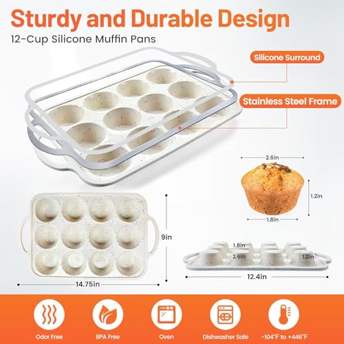 Vinino 2Pack Silicone Muffin Pan for Baking with Metal Reinforced Frame, 12 Cup Regular Size Cupcake Pan, BPA Free Silicone Muffin Tray, Cupcake Baking Pan Bite Molds for Oven Dishwasher Safe