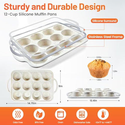 Vinino 2Pack Silicone Muffin Pan for Baking with Metal Reinforced Frame, 12 Cup Regular Size Cupcake Pan, BPA Free Silicone Muffin Tray, Cupcake Baking Pan Bite Molds for Oven Dishwasher Safe