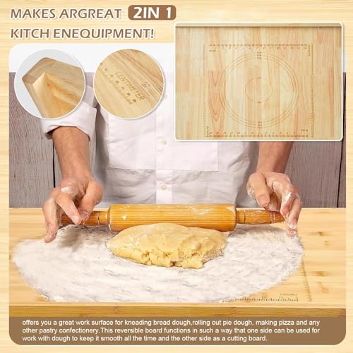 24" x 20" Reversible Wooden Pastry Board Wood Pasta Board with Lip Bread Board Cutting Board Chopping Board Pie Board with Engraved Ruler for Counter Top Kitchen-Wood
