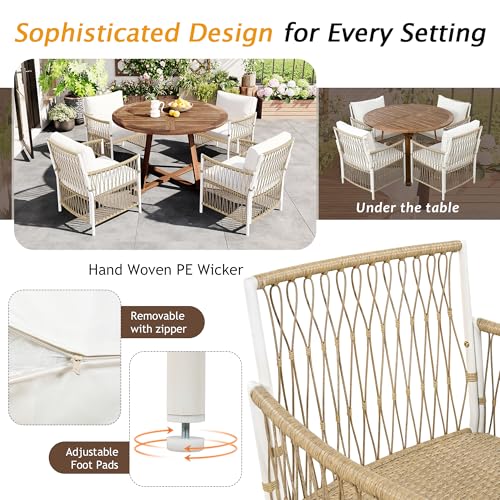 CKLMMC Modern 5-Piece Outdoor Patio Dining Set, All-Weather Acacia Wood Extendable Round Dining Table with 12inch Butterfly Leaf and 4 Rattan Arm Chairs for Backyard, Garden, Poolside