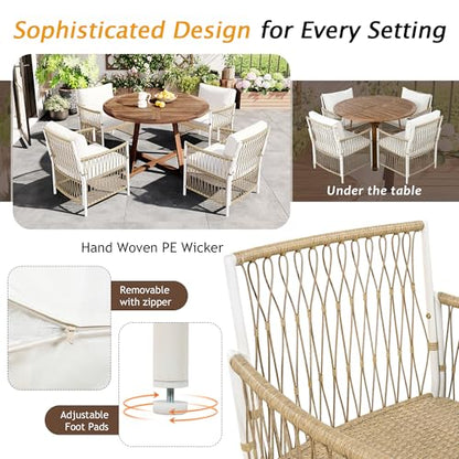Merax 5 Piece Patio Dining Set, Outdoor Acacia Wood Extendable Round Table with 12 Inch Butterfly Leaf and 4 Rattan Arm Chairs w/Cousions & Pillows for Backyard,Balcony, Garden, Poolsid, Natural