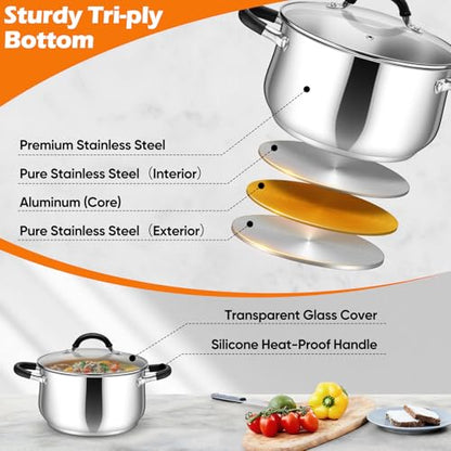 P&P CHEF Stainless Steel Stock Pot, 5 Qt Cooking Soup Pot with Visible Lid for Pasta, Tri-Ply Bottom & Dual Heatproof Handles, For Induction Gas All Stoves, Non-Toxic & Dishwasher Safe