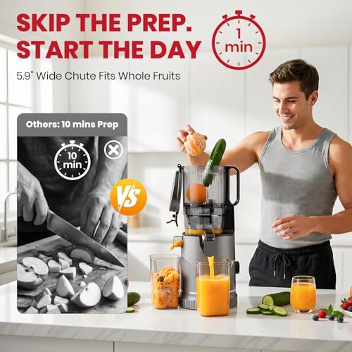 Laudlife Cold Press Juicer with 5.9" Wide Feed Chute, Integrated 100oz Capacity Hopper & Strainer Design, Easy Clean & BPA Free, Slow Masticating Juicer Machines for Whole Fruits Vegetables